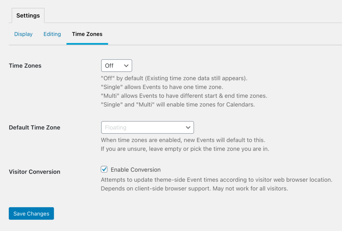 Time Zones tab on settings panel