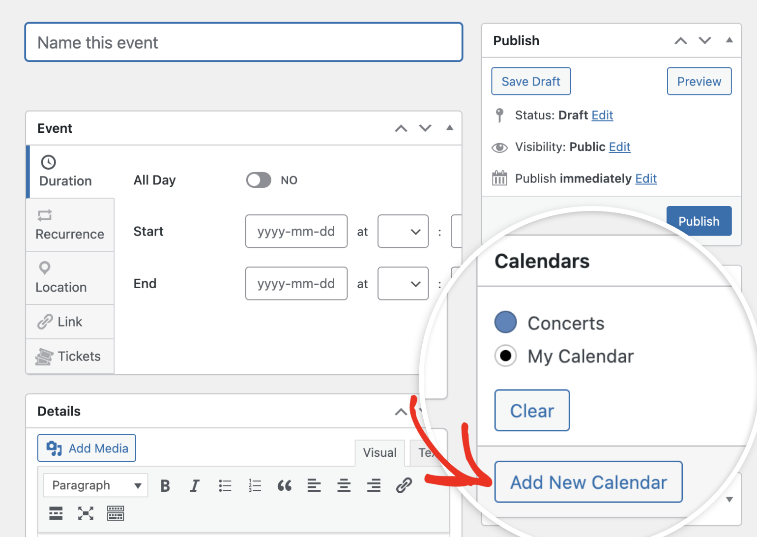 Creating a new calendar from the events editor