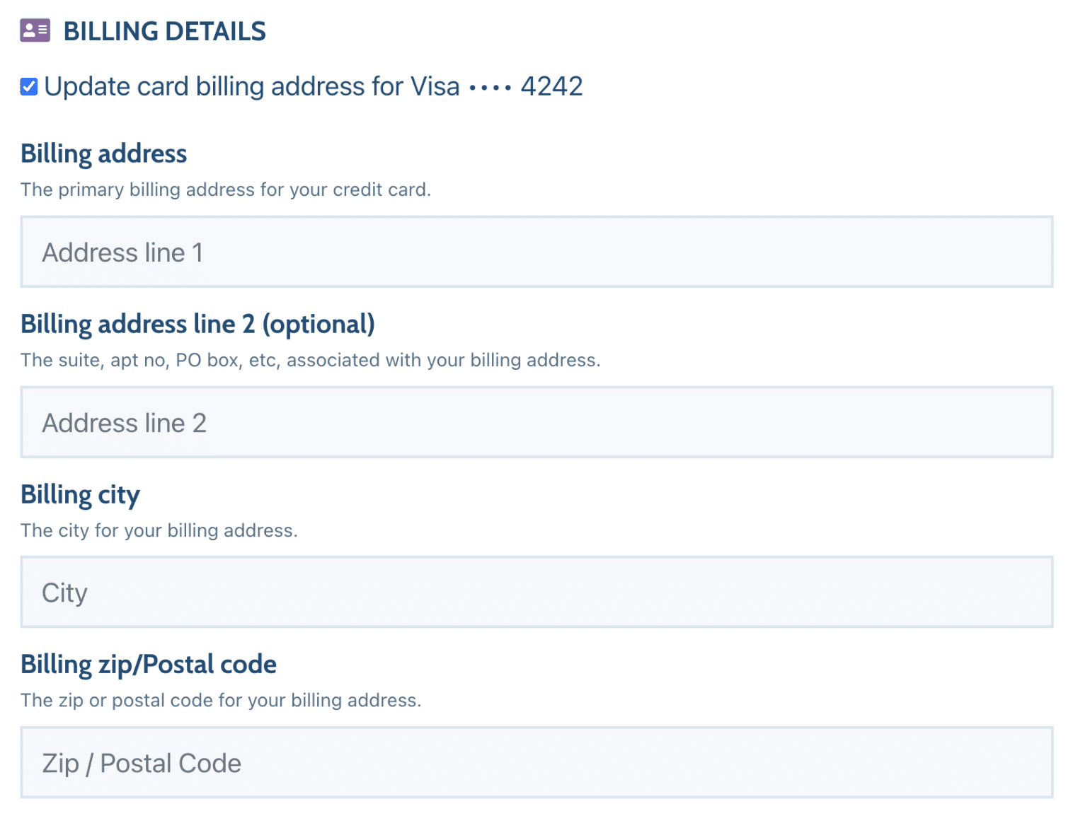 Billing details form for default credit card