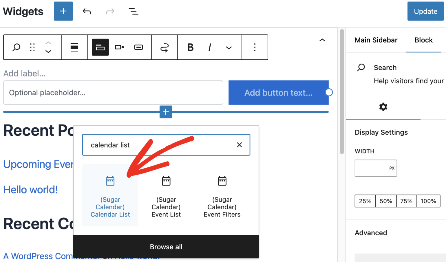 Select calendar list block