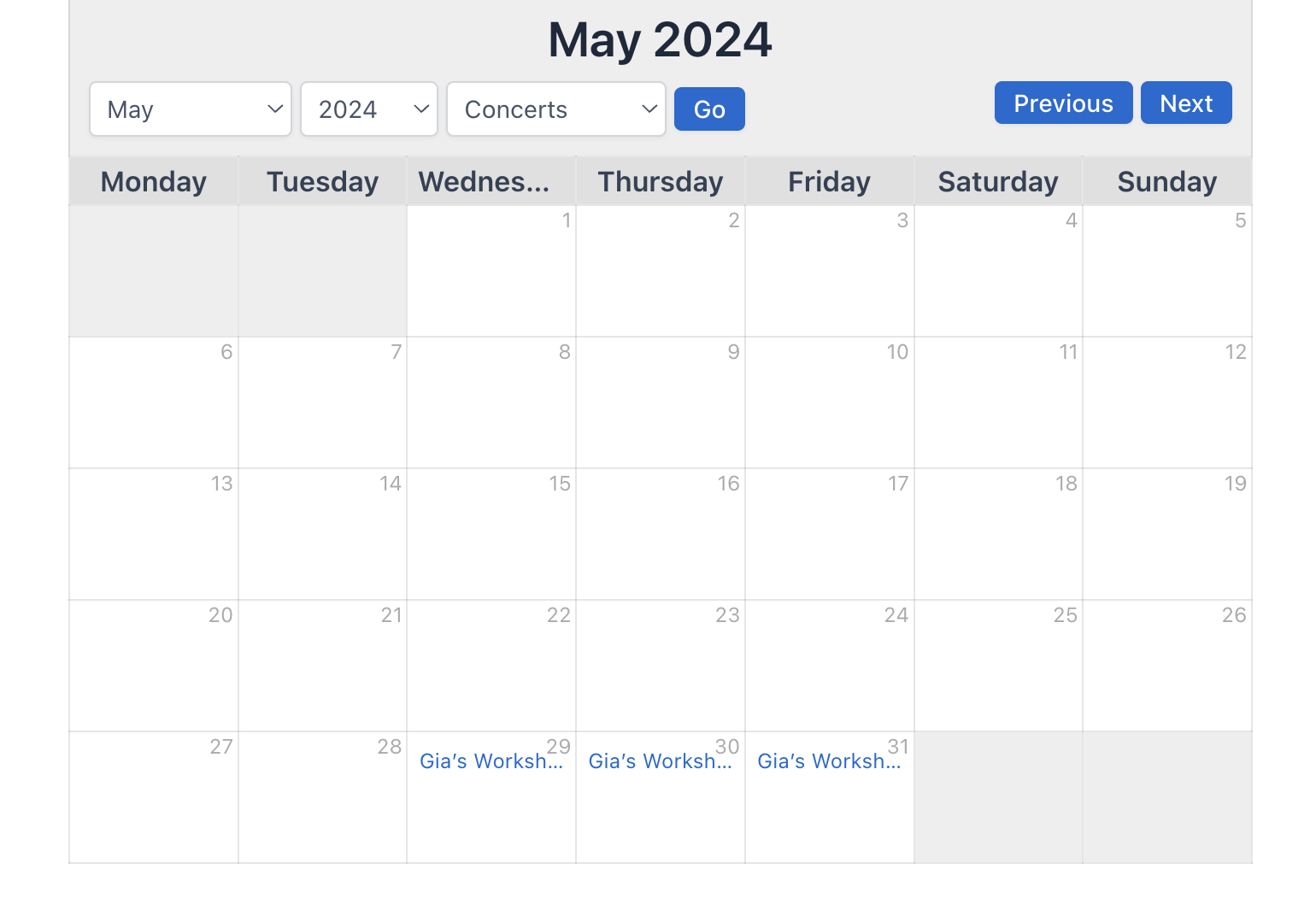 Calendar displayed with shortcode