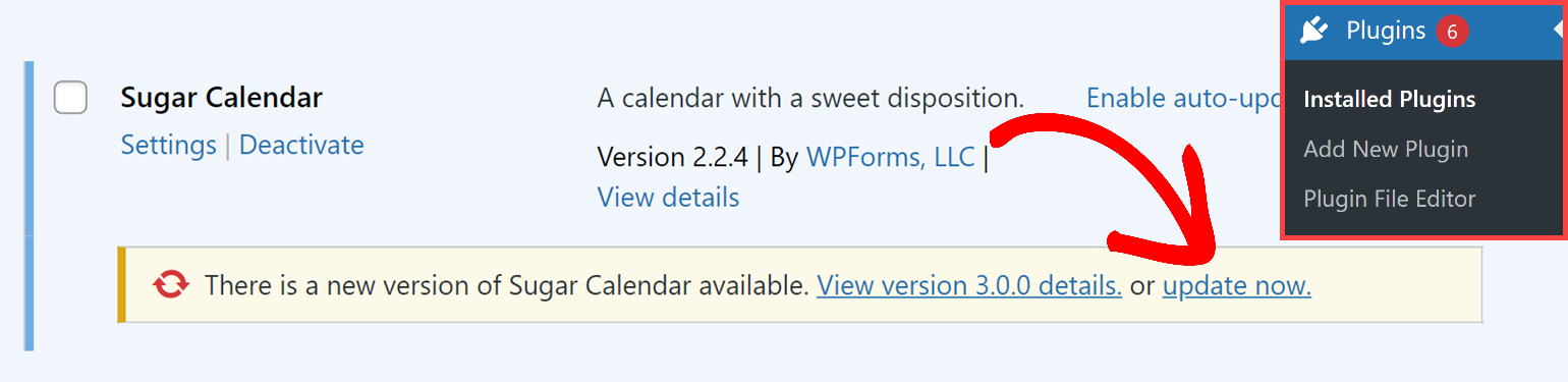 Updating Sugar Calendar from the WordPress admin Plugins screen