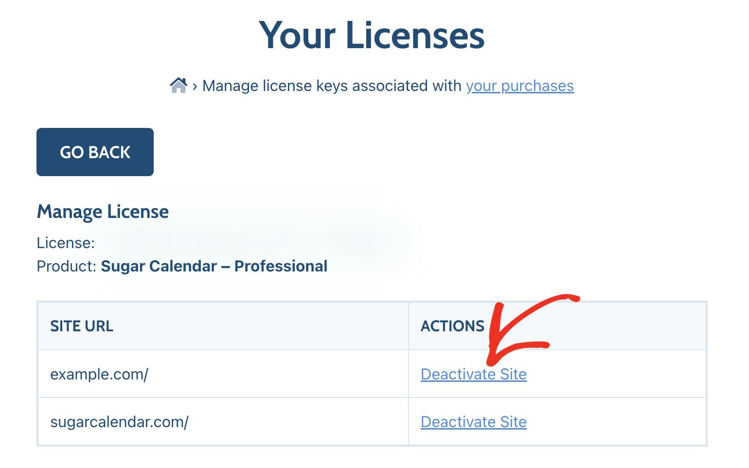 Deactivate license from Sugar Calendar license