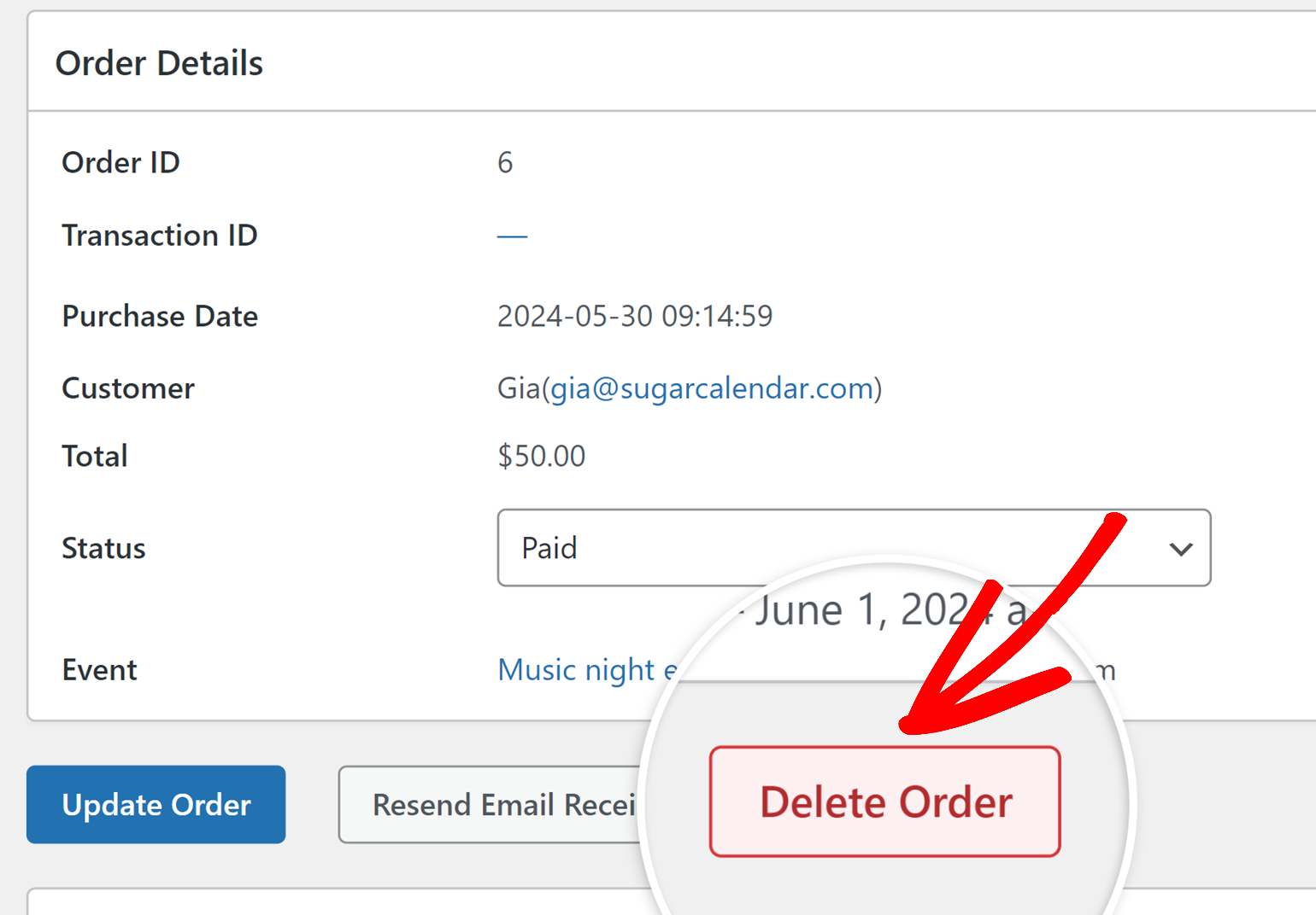 Click to delete the order