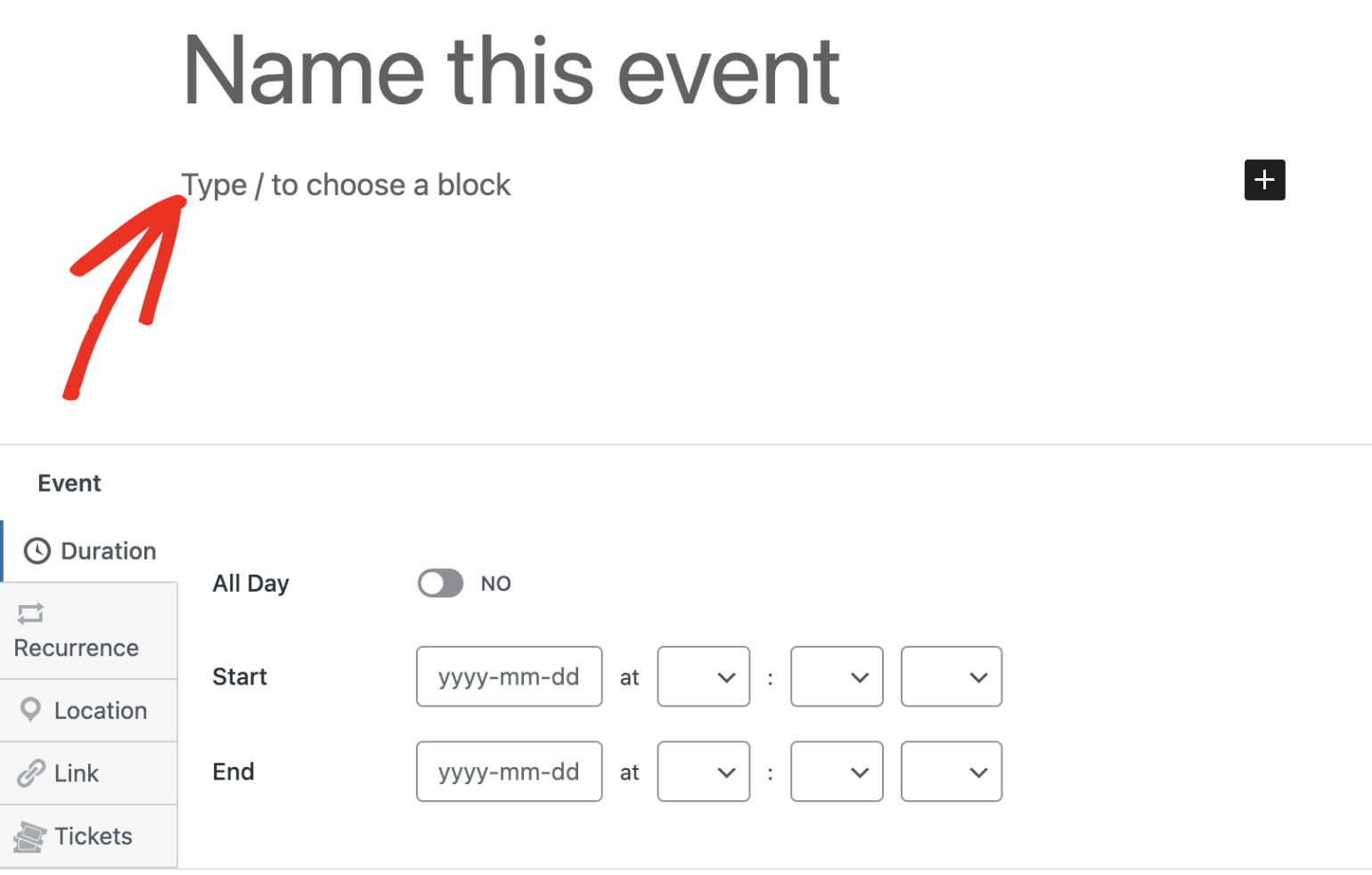 Event details in the block editor