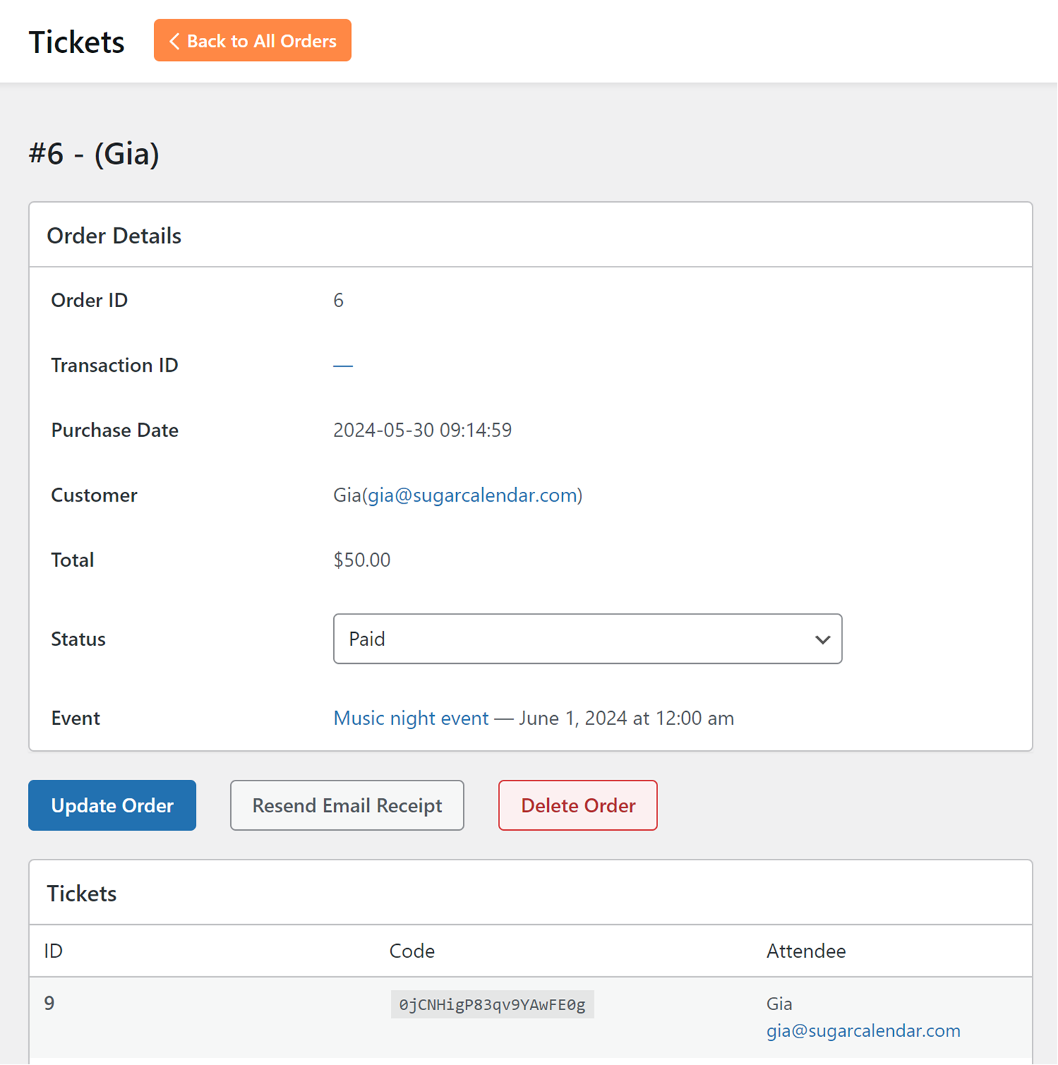 Individual ticketing page with ticket details