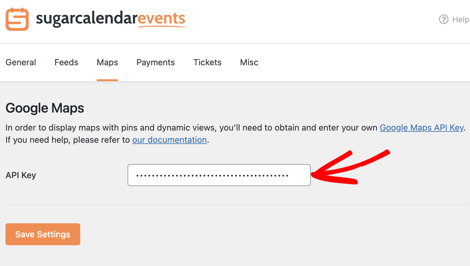 Paste API key value in Sugar Calendar