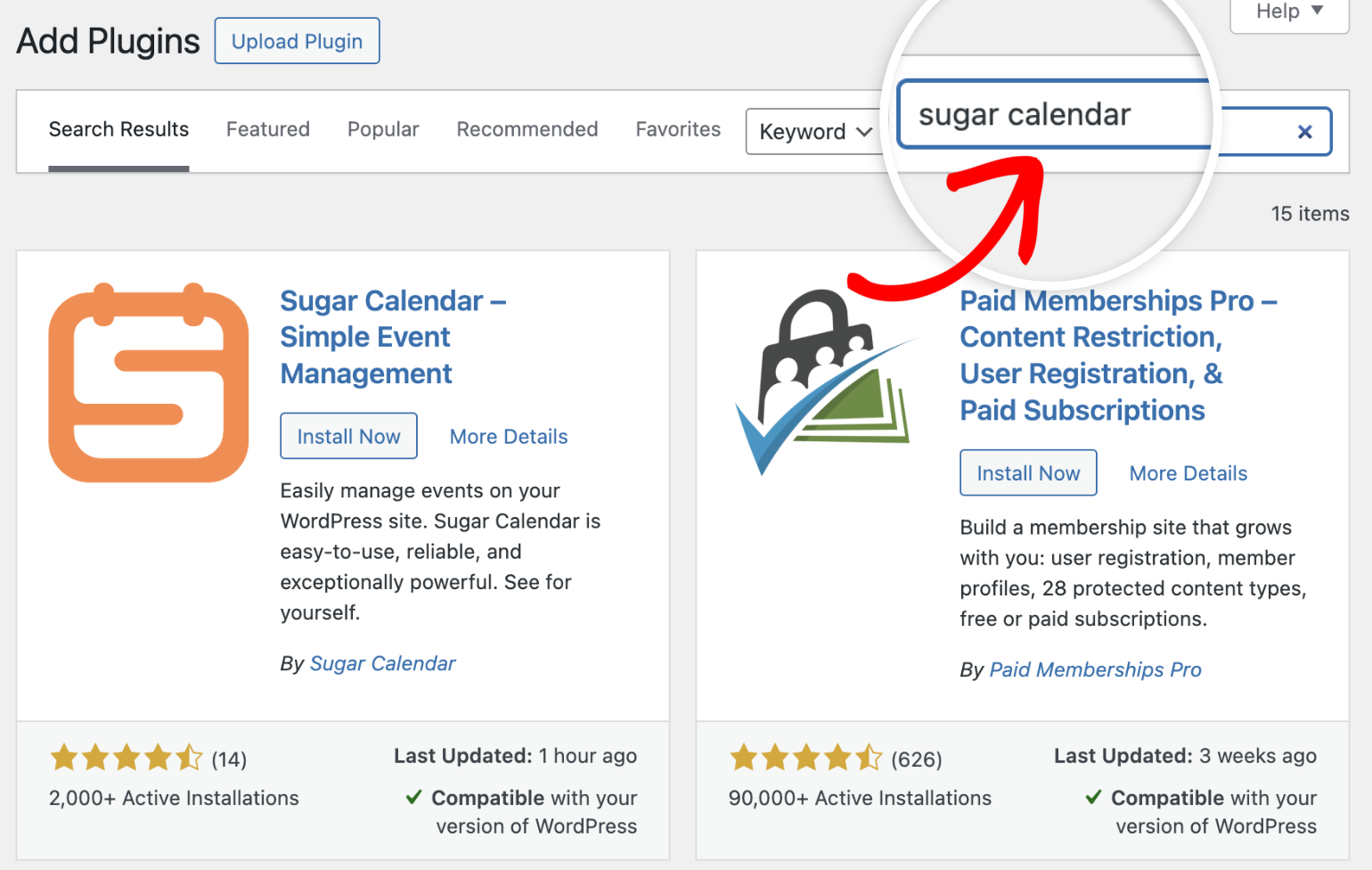 Search sugar calendar plugin in WordPress