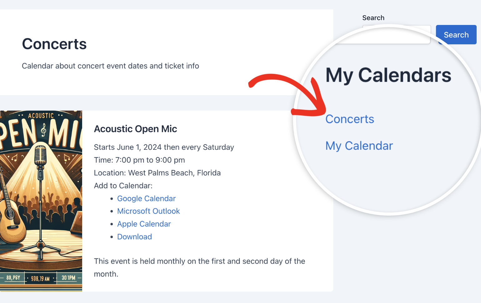 Viewing calendar list widget in the frontend