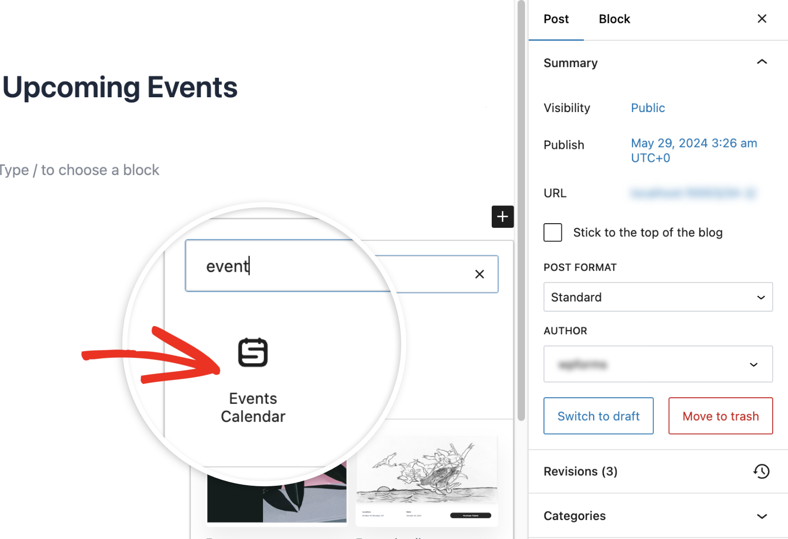 Select events calendar block