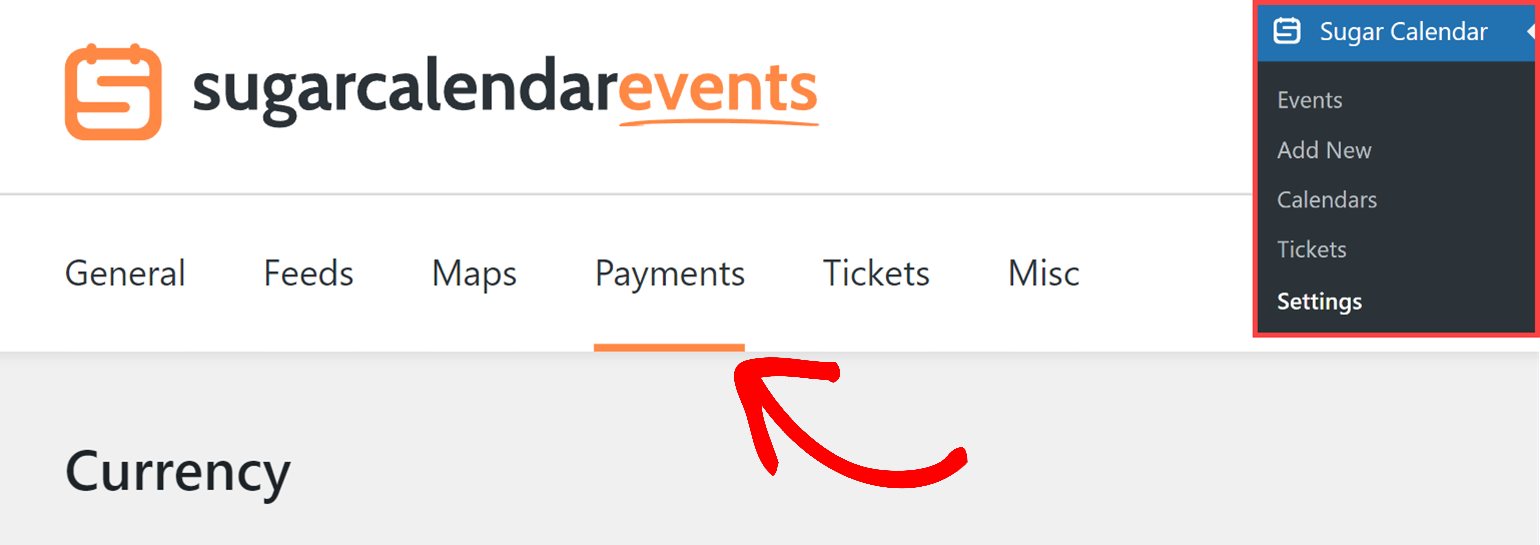 Payments tab in Sugar Calendar