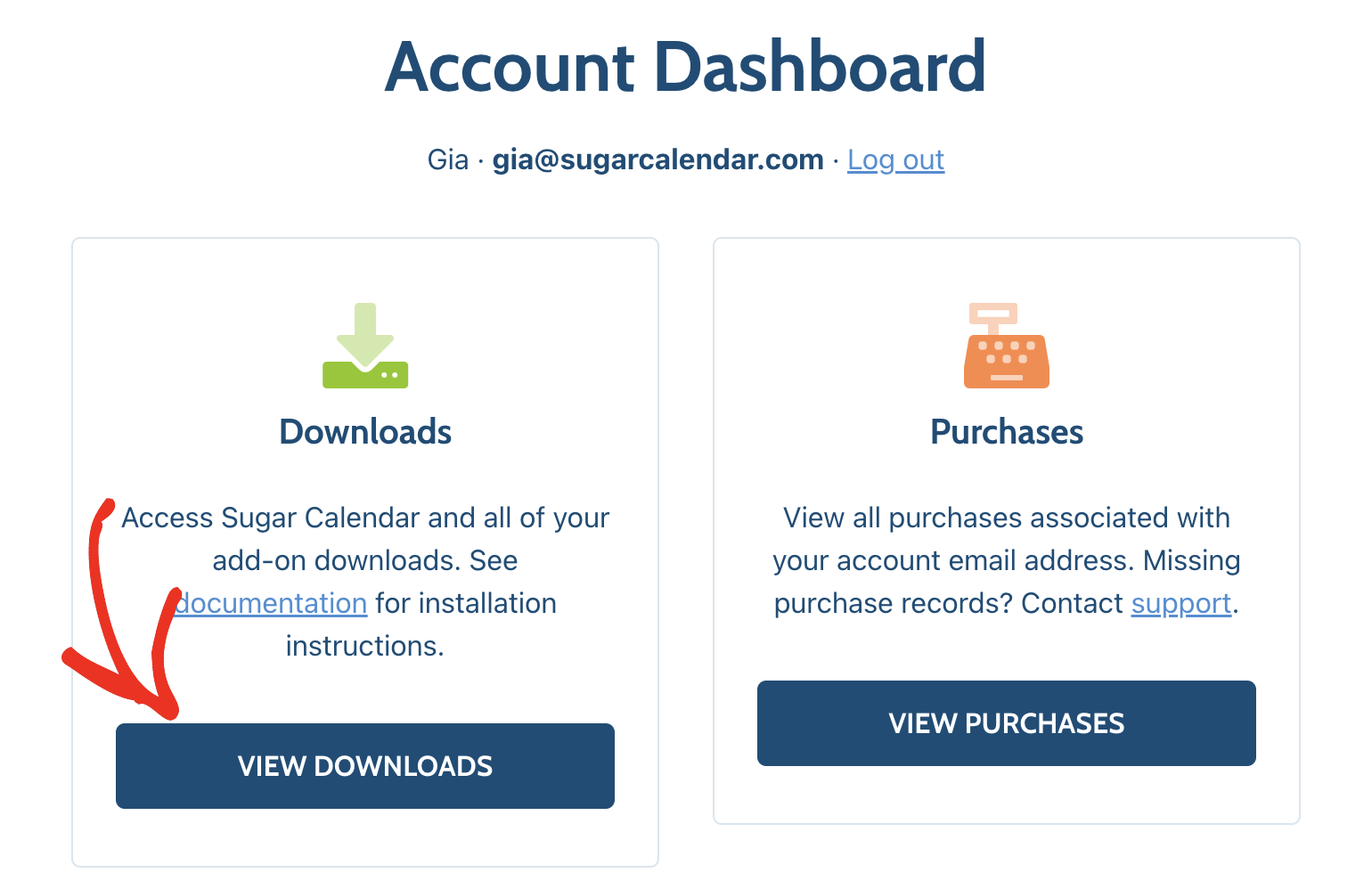Viewing downloads in Sugar Calendar account dashboard