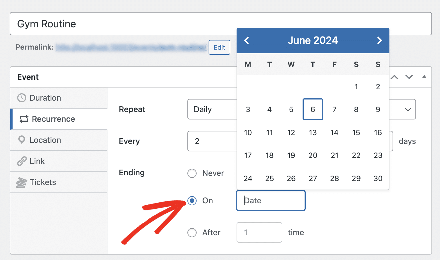 Date picker to set event recurrence end period