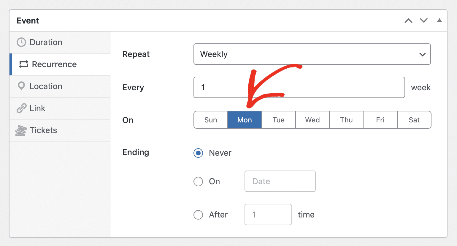 Selecting day of the week for recurrence