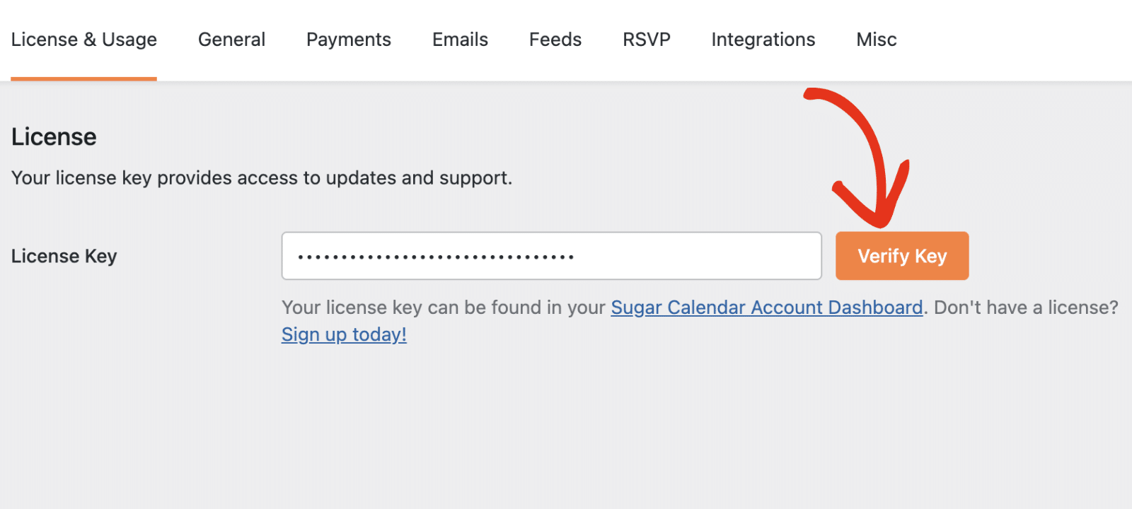 verify-license - Sugar Calendar Click verify license key button
