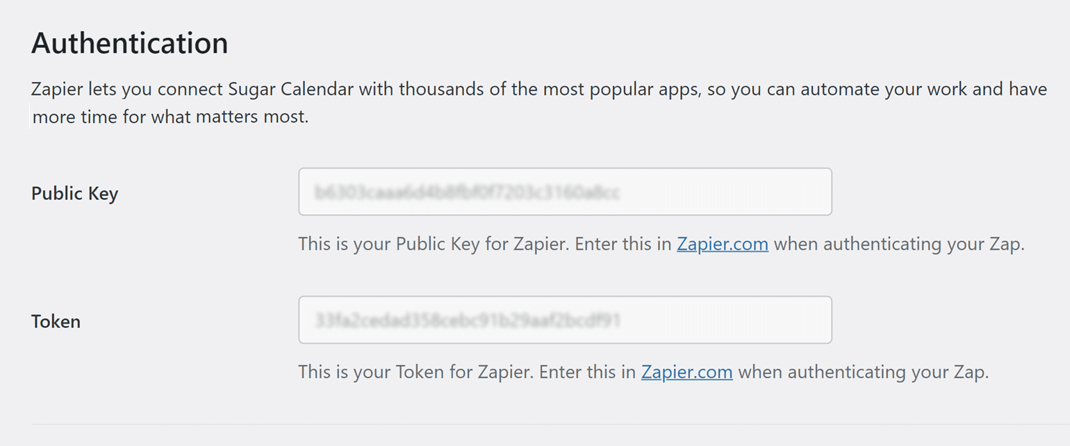 API keys for Zapier in Sugar Calendar