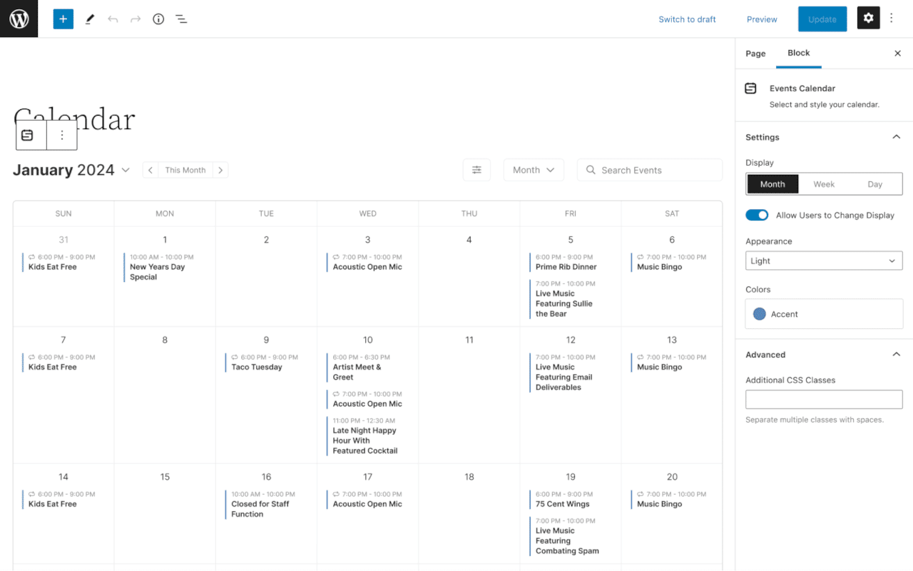 Events Calendar block