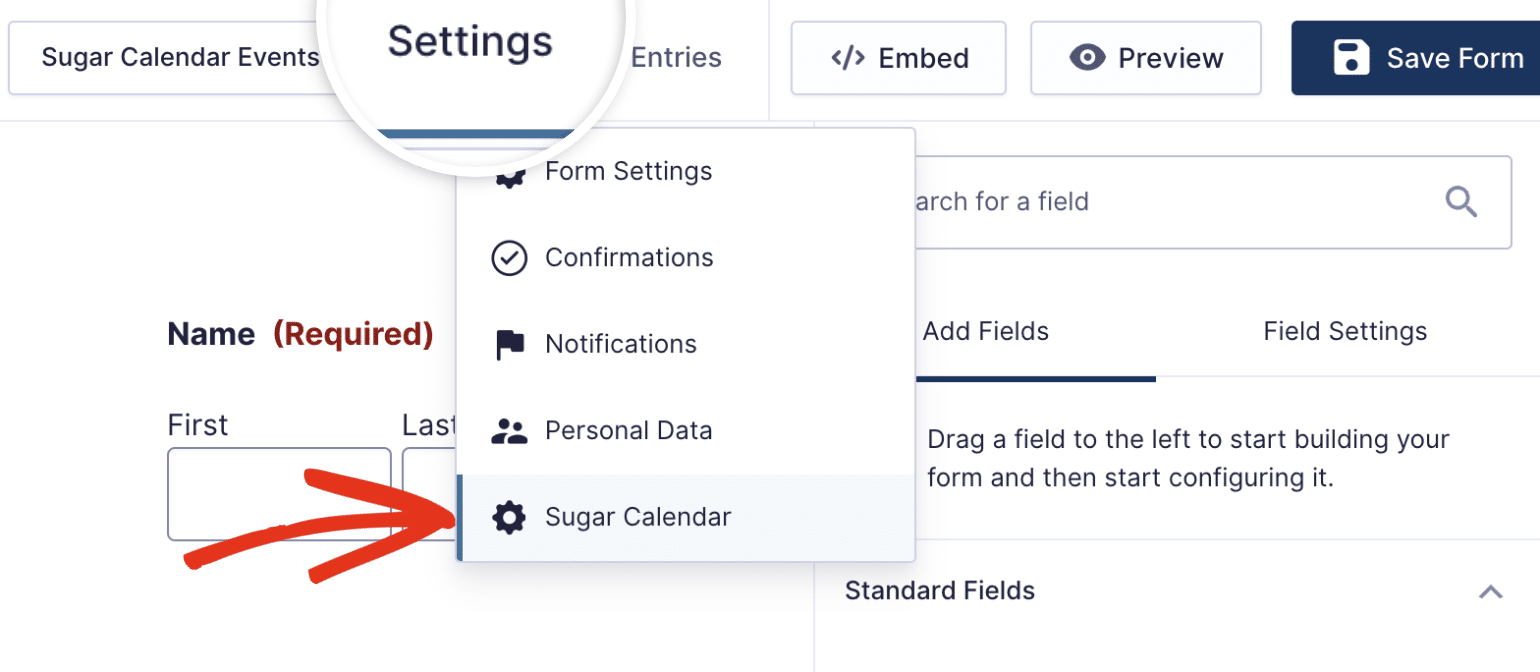 Gravity Forms Sugar Calendar settings