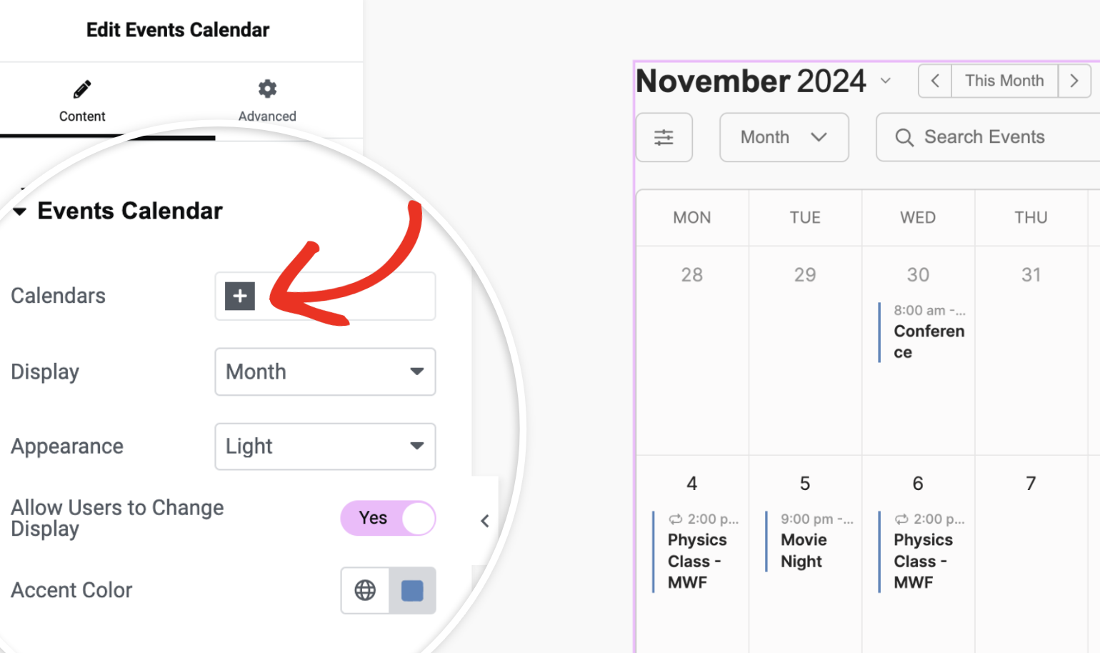 Select calendars in Elementor builder