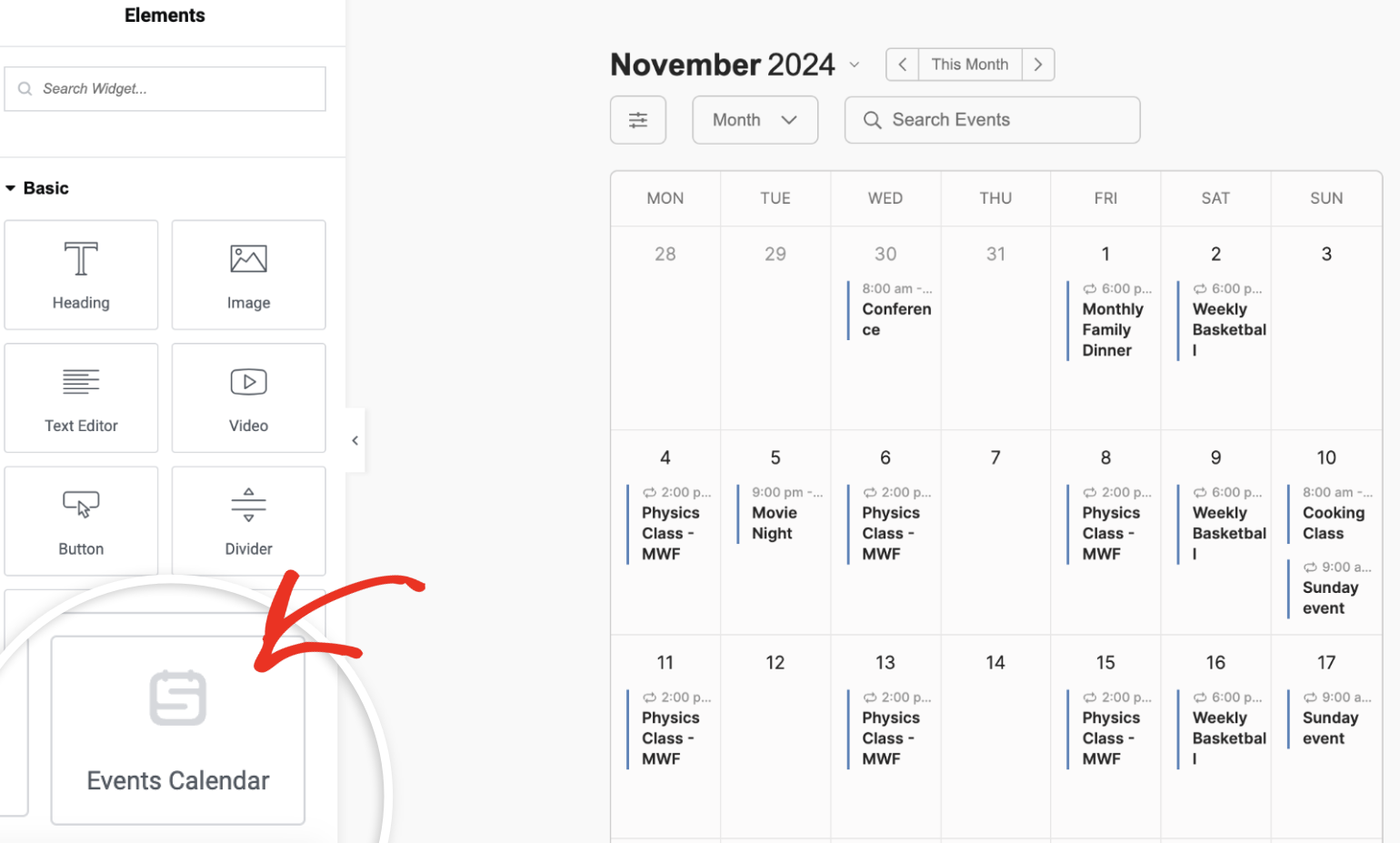 Events Calendar widget in Elementor