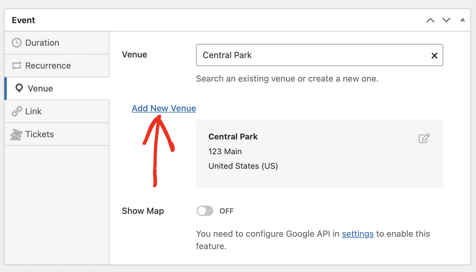 Add new venue from event editor