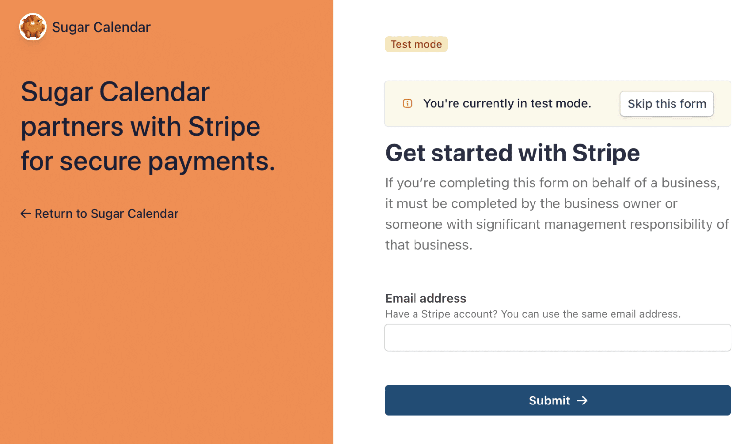 Connect Sugar Calendar with Stripe screen