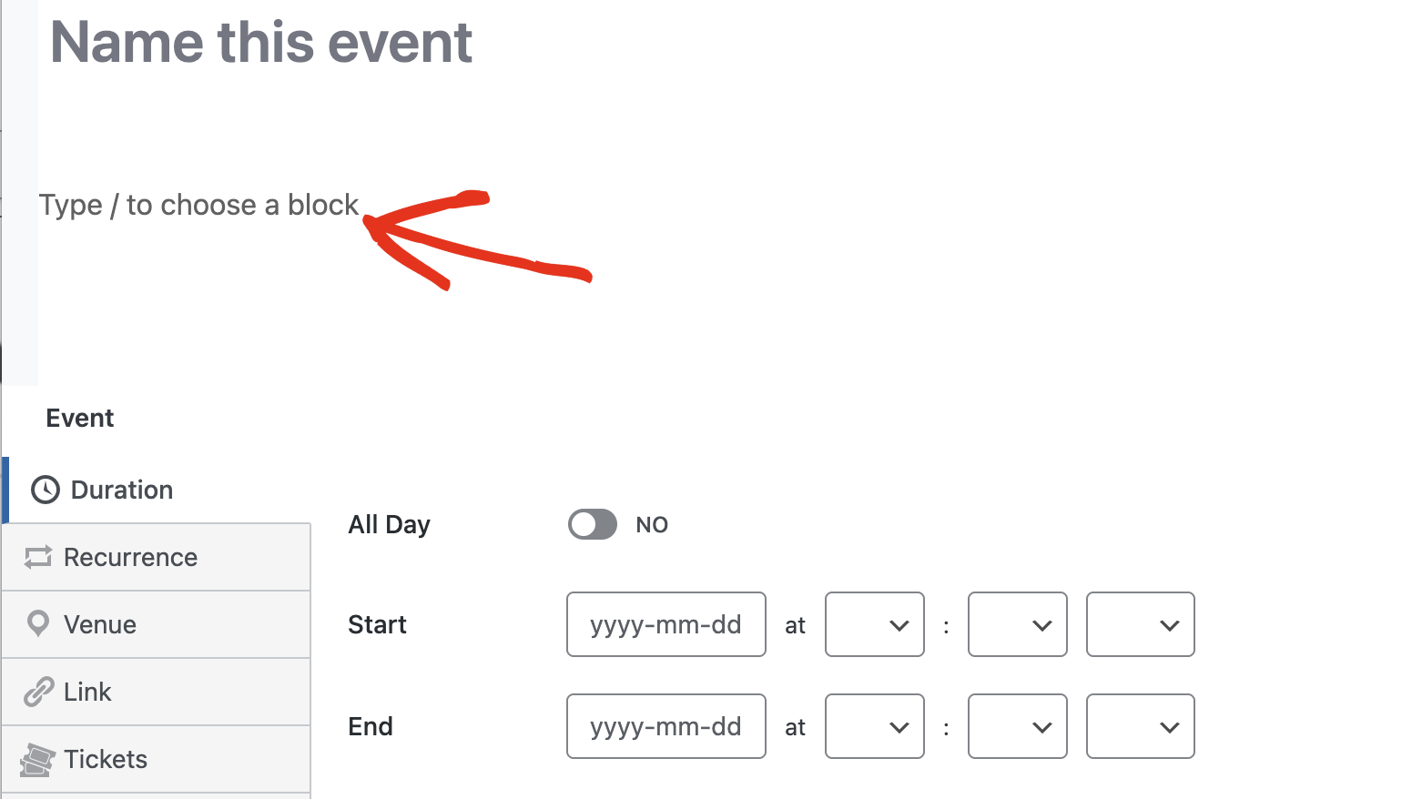 Event details in the block editor