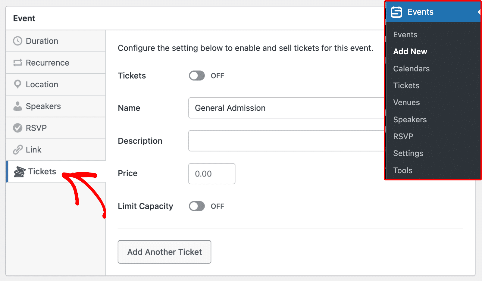 events-add-new-tickets-tab - Sugar Calendar Click Tickets from Event section