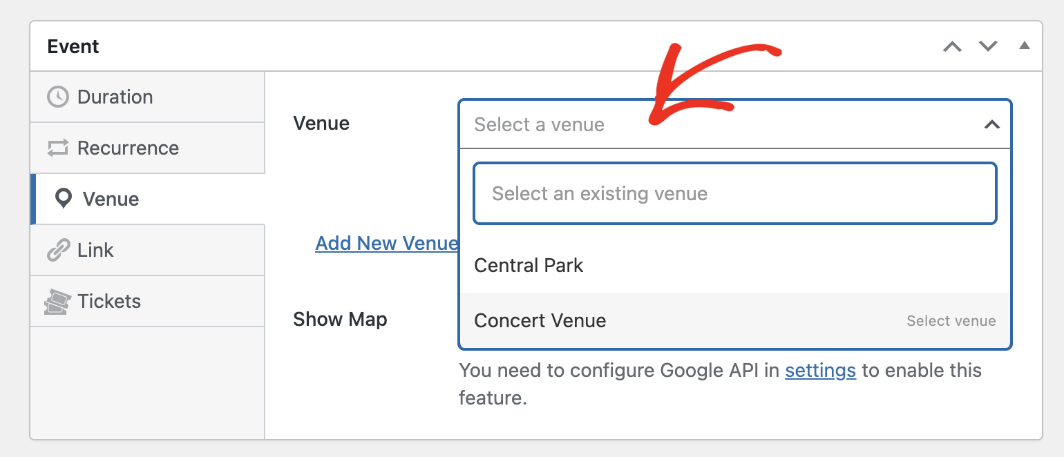 Select venue from dropdown