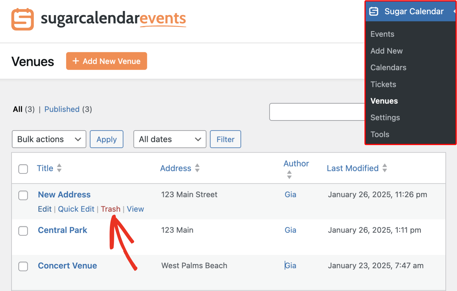 Deleting venues in Sugar Calendar