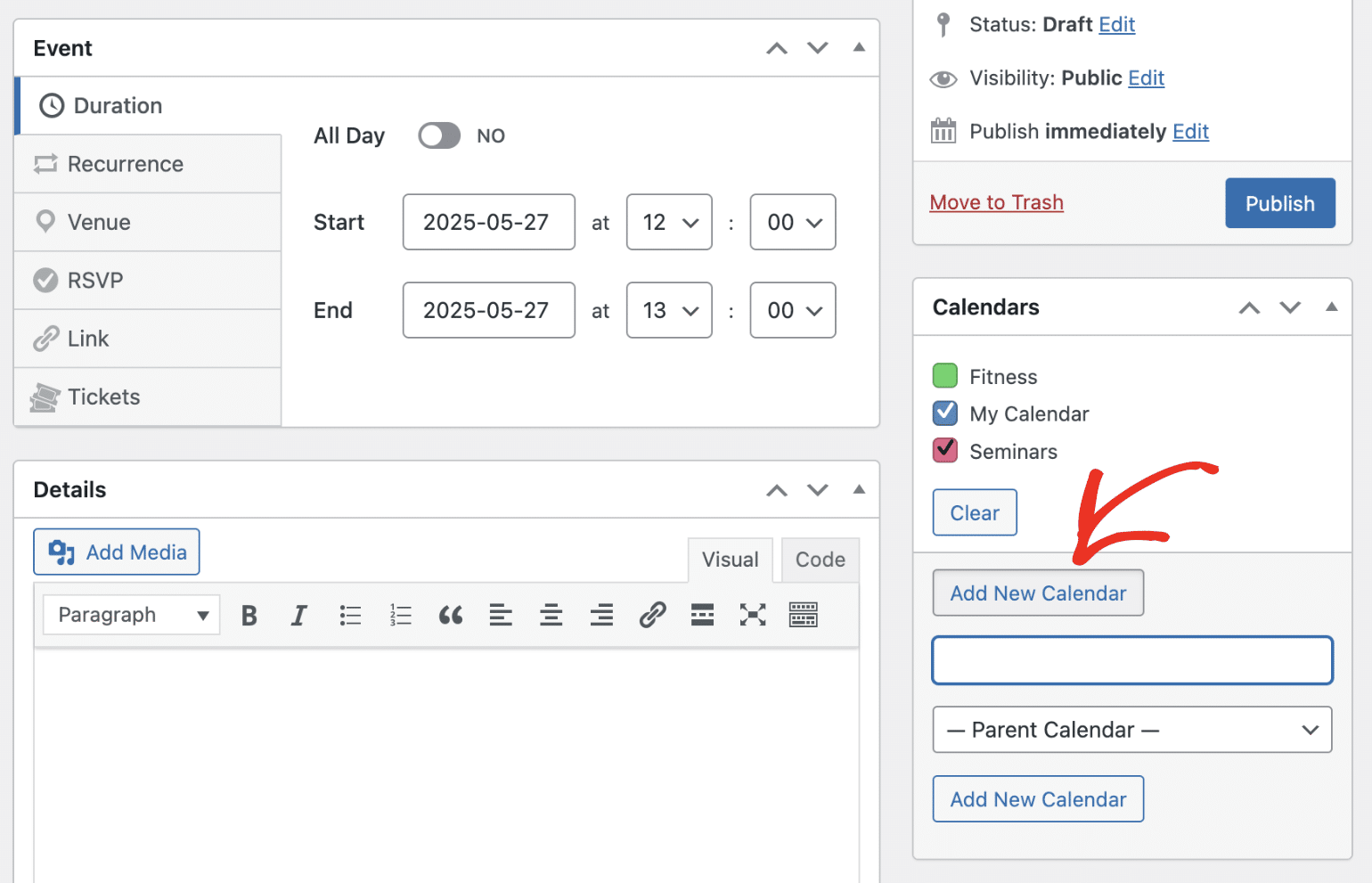 Creating a new calendar from the events editor