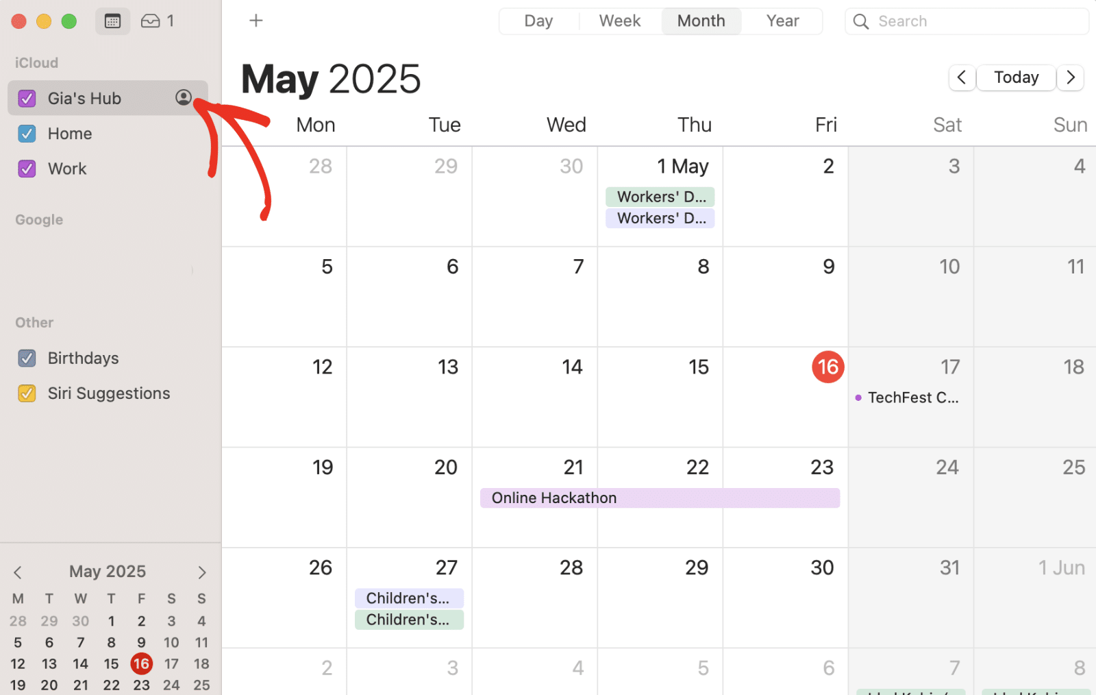 Click the user icon in Apple Calendar app