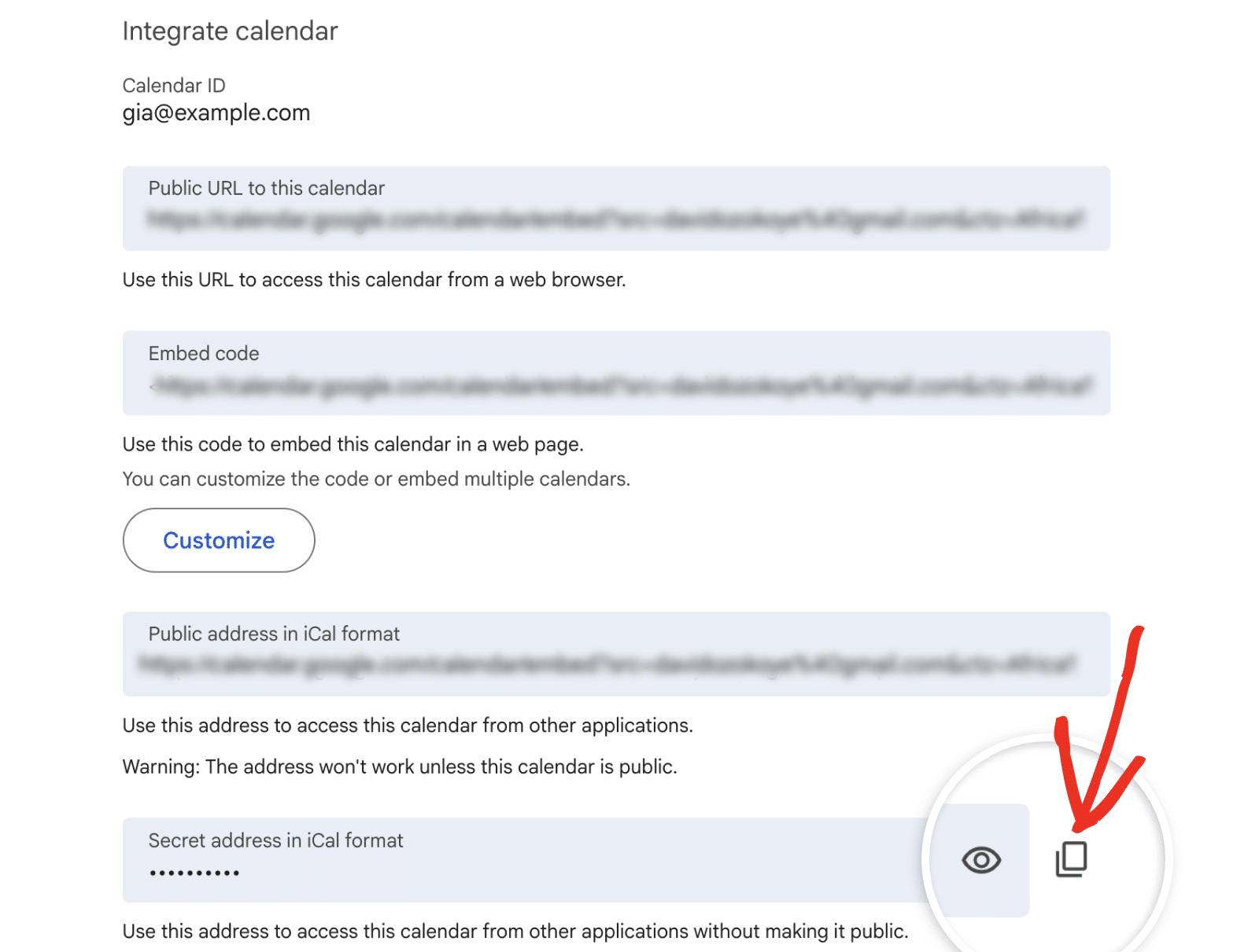 Click copy icon in Google Calendar