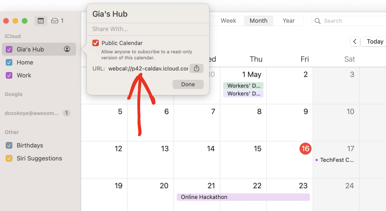 Copy ICS URL from Apple Calendar app