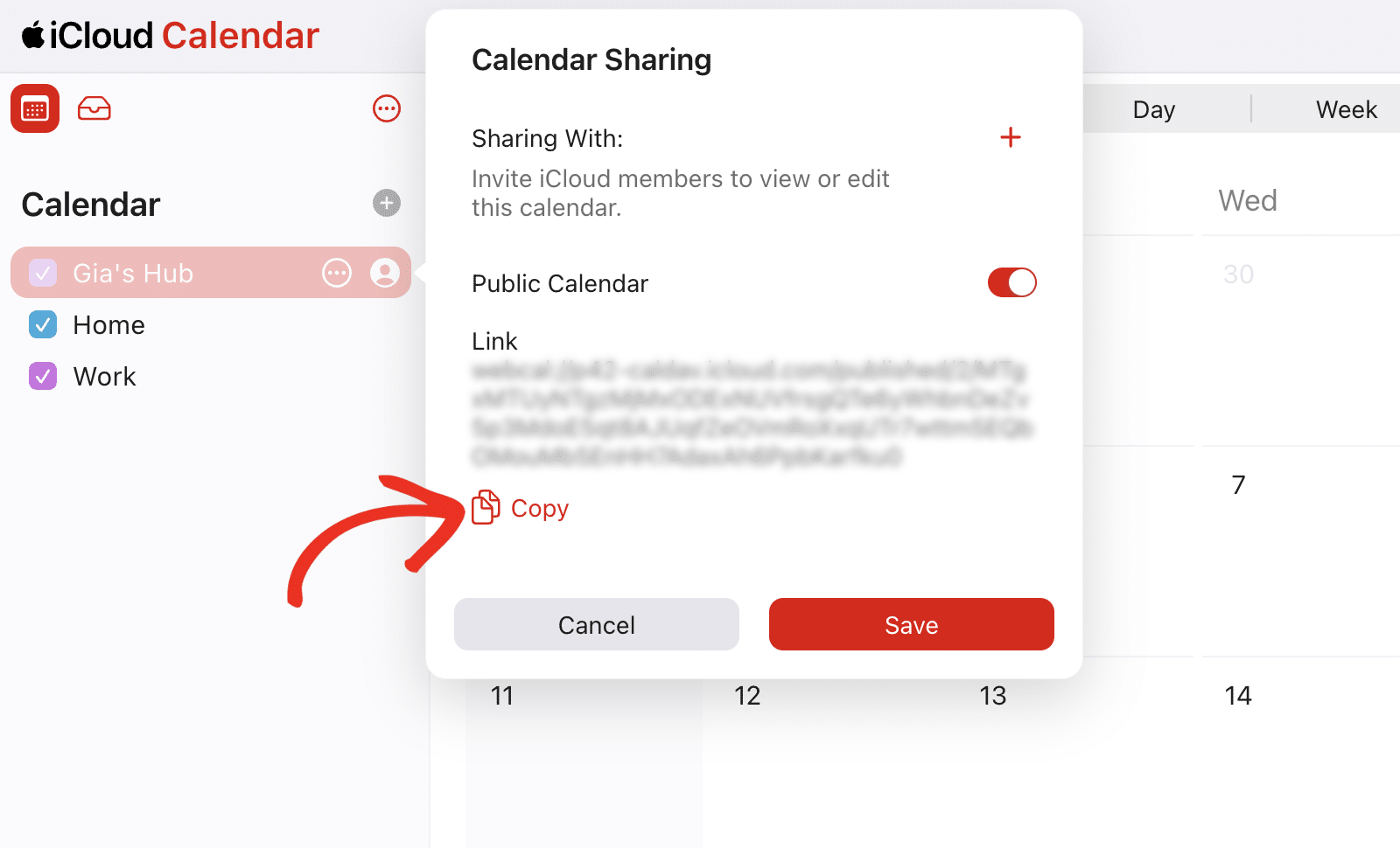 Copy ICS URL in Apple Calendar web app