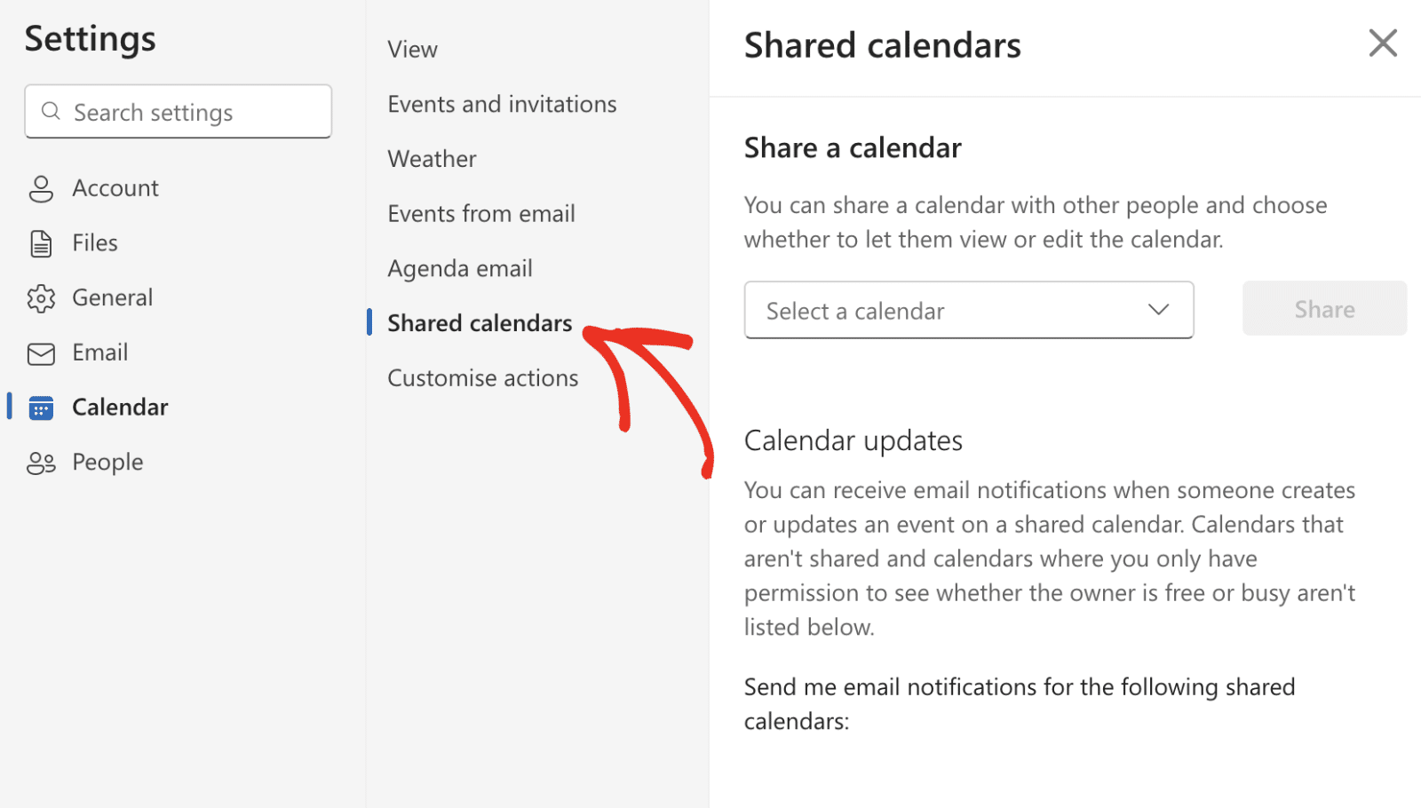 Shared calendar settings in Outlook