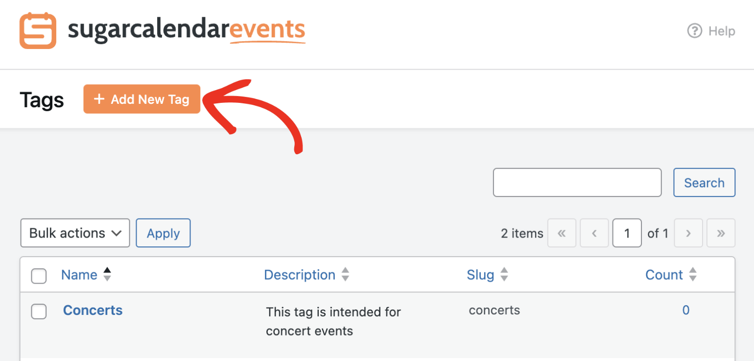 Event Tags list