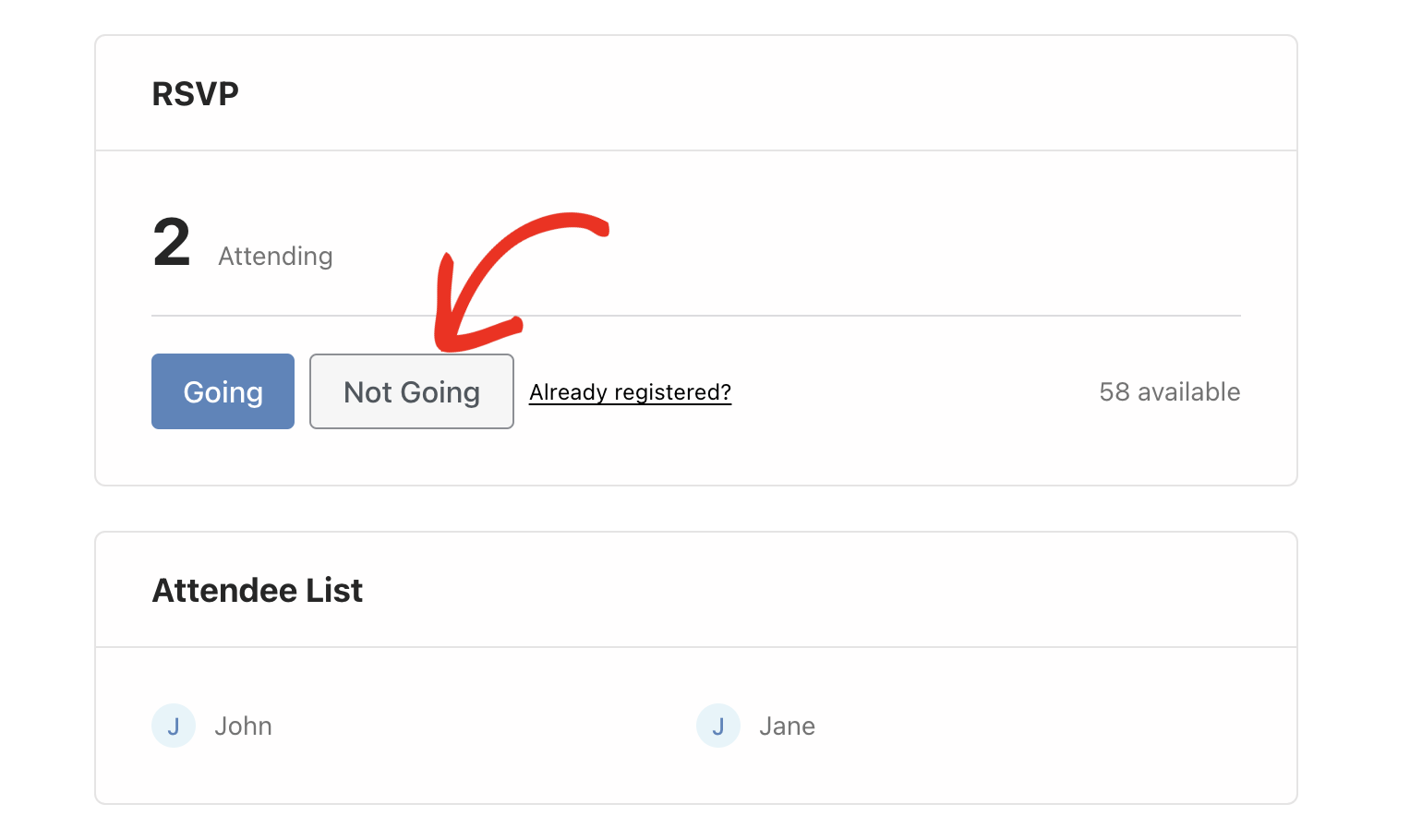 Clicking Not Going button for event RSVP