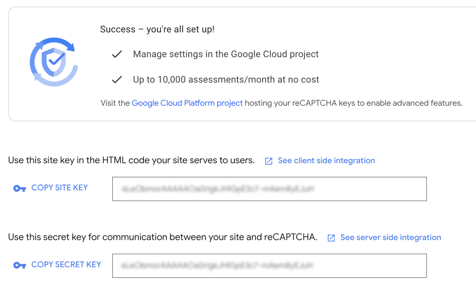 Copy site keys from Google Cloud