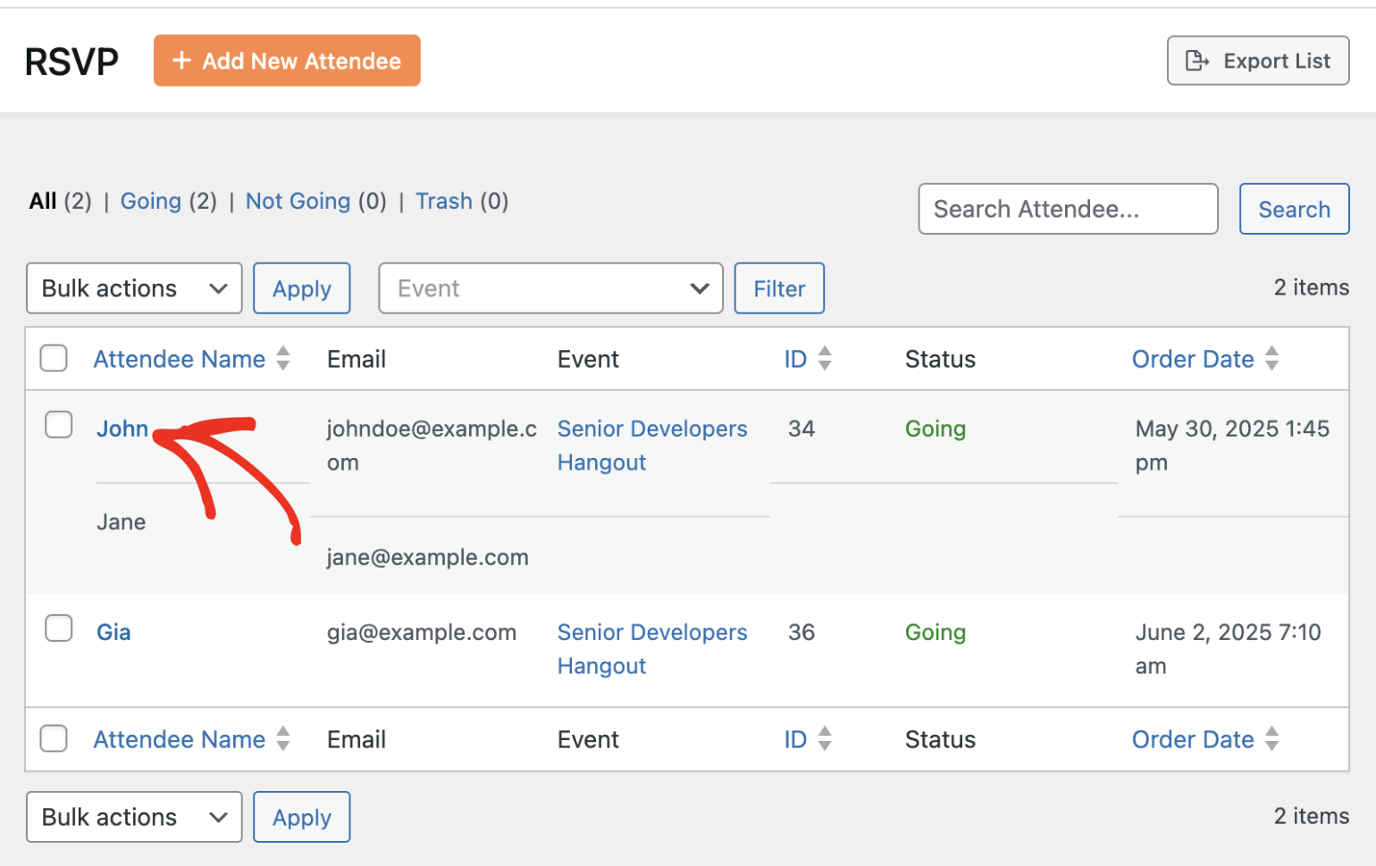 Select attendee to edit