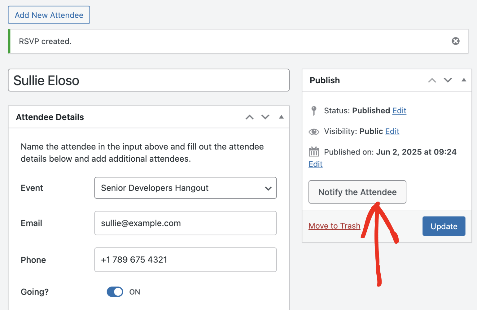 Notify attendee by email button