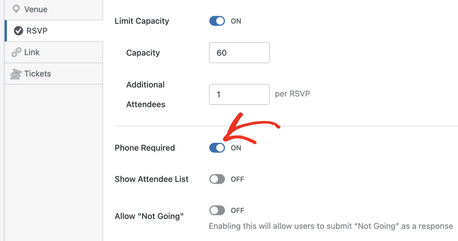 Require phone number for RSVP option