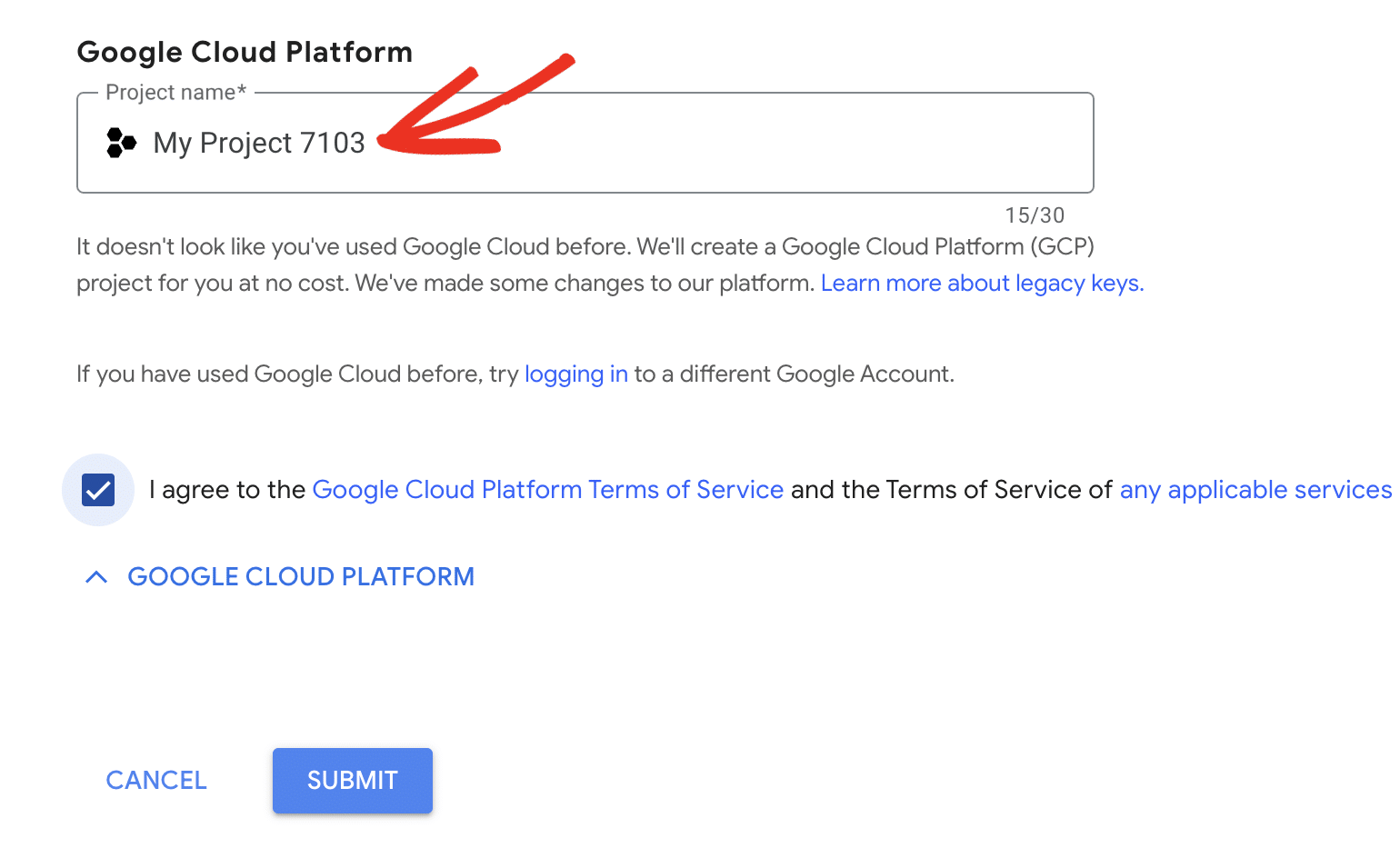 Google Cloud project name dropdown