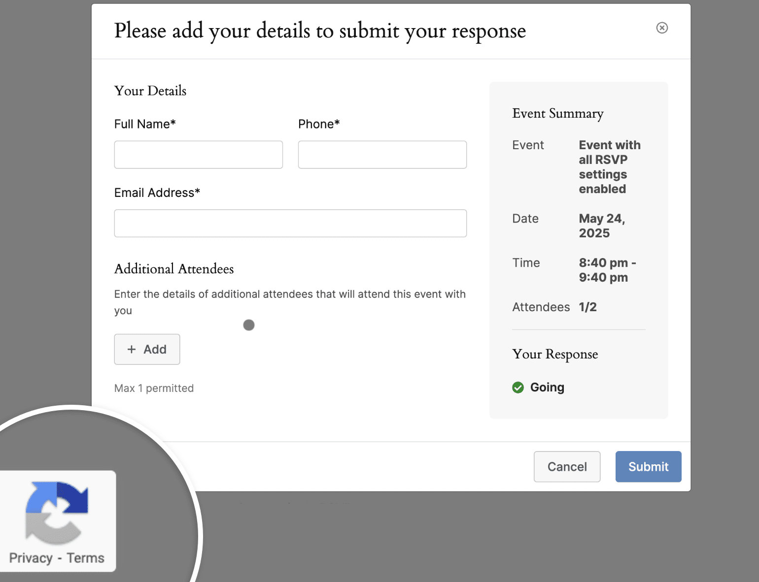 reCAPTCHA badge on website frontend