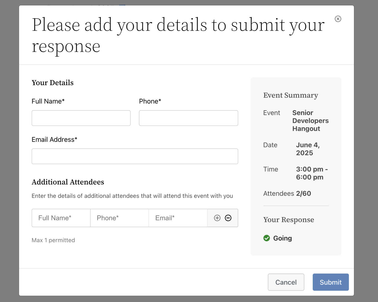 RSVP form in the frontend