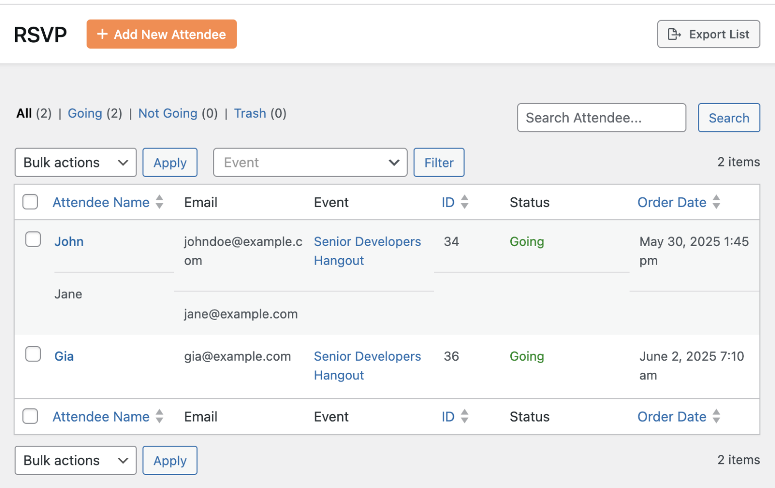 RSVP dashboard
