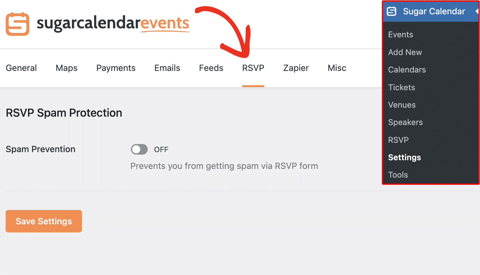 Sugar Calendar RSVP settings page