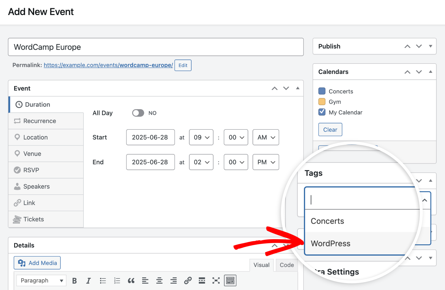 Assign tags in event editor