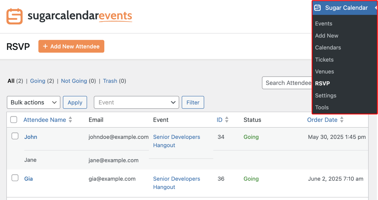 Sugar Calendar RSVP dashboard