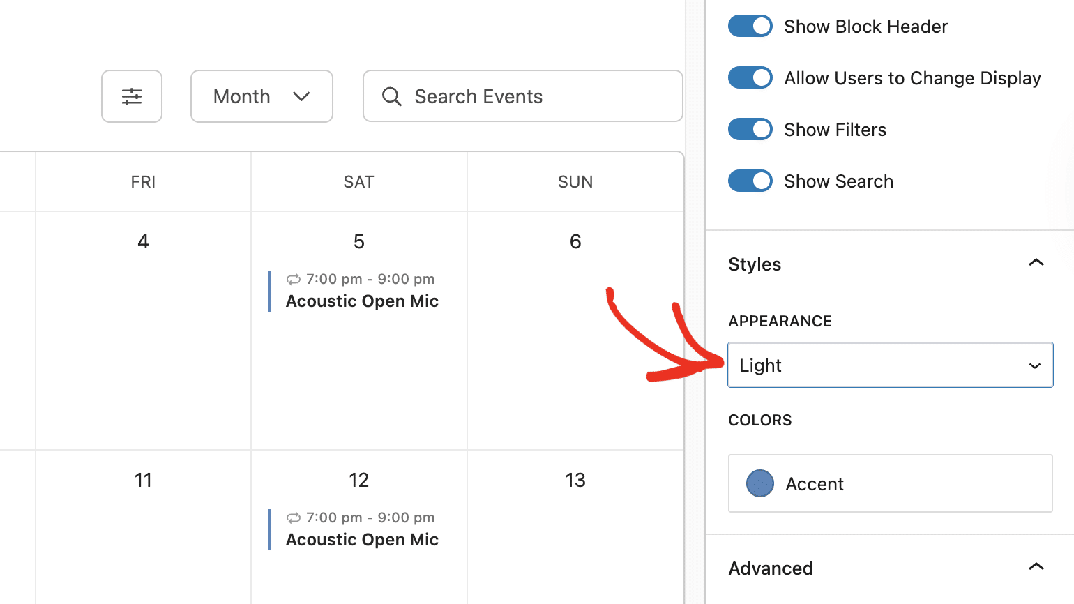 Calendar appearance